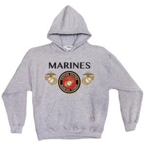 a gray Marine Corps hoodie with the USMC logo and EGAs