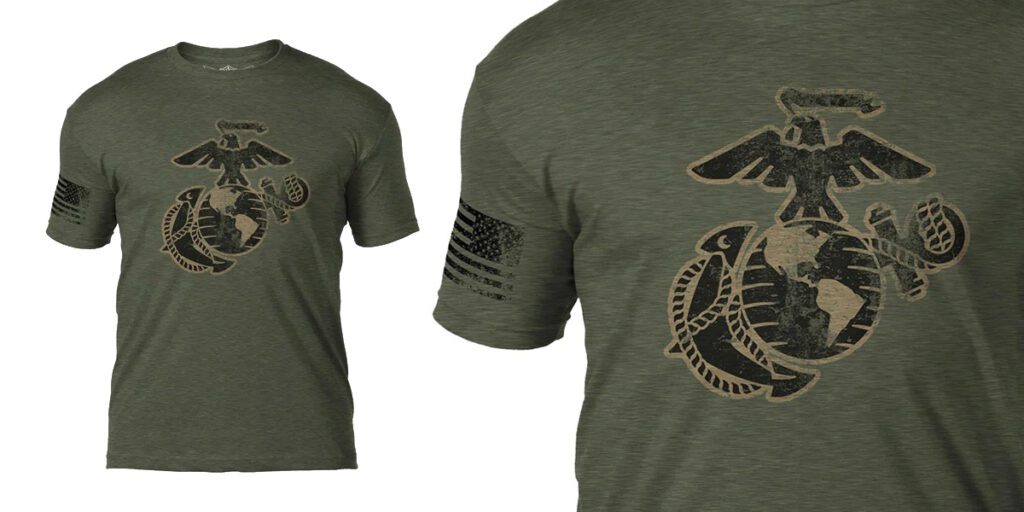 a subdued military green Marine Corps t-shirt with an EGA and US flag