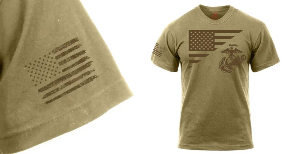 a coyote brown and tan Marine Corps shirt with EGA and American flag