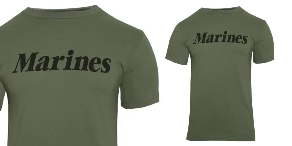 one of the best Marine Corps shirts: the olive drab Marines PT t-shirt