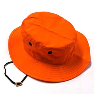 a bright orange waterproof hunters boonie hat with black chin strap and grommets