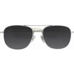 front view of silver aviator sunglasses with gray lenses