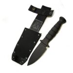 a black carbon steel military combat utility knife with a sheath