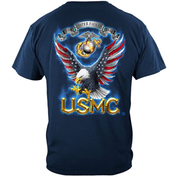 a navy blue Marine Corps shirt with a bald eagle in red white and blue