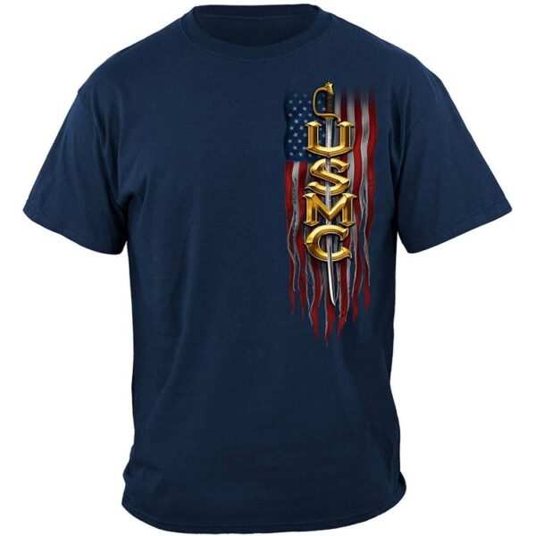 a navy blue USMC shirt with an officer sword and a USA flag