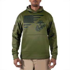 a green Marine Corps hoodie with a US flag and an EGA