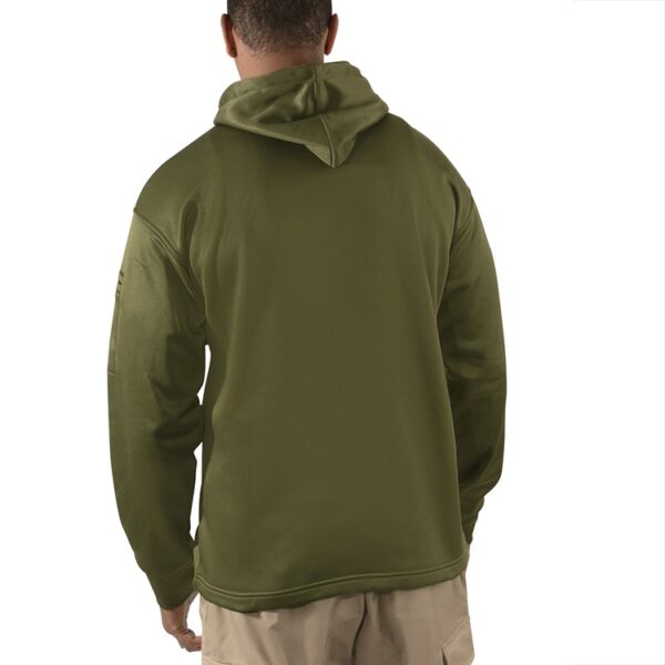 the back of an olive drab Marine Corps hooded sweatshirt