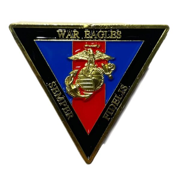 the back of a War Eagles USMC triangle challenge coin
