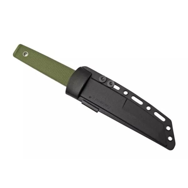 a boot knife and sheath with olive drab handle