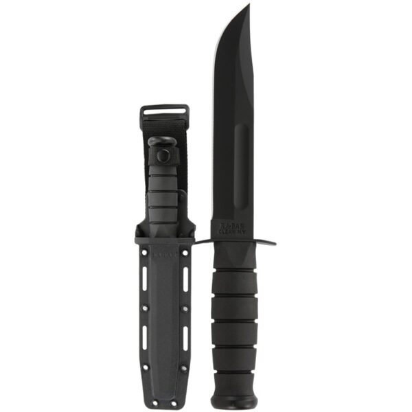 a black, full-size Ka-bar combat utility knife