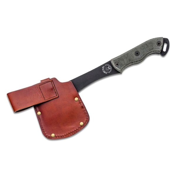 an Ontario hatchet with dark leather sheath