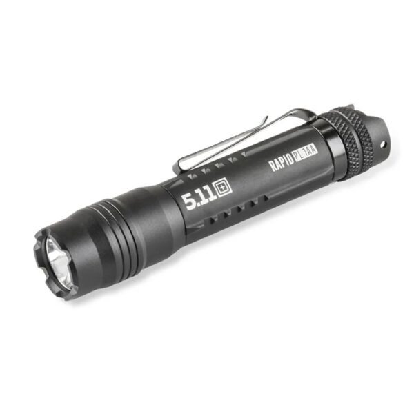 a compact black tactical flashlight