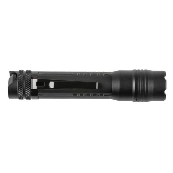 the clip on a compact black tactical flashlight