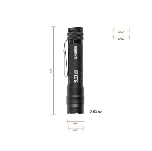 dimensions of a compact black tactical flashlight