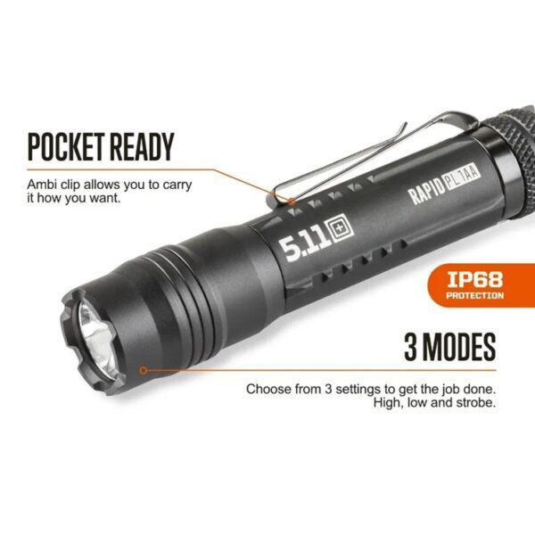 features of a a compact black tactical flashlight