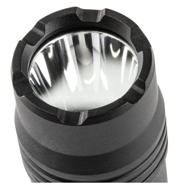 a lens on a compact black tactical flashlight