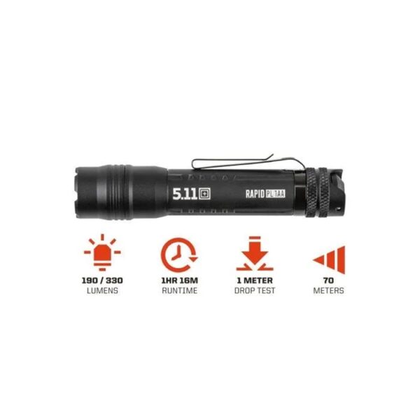 specs of a compact black tactical flashlight