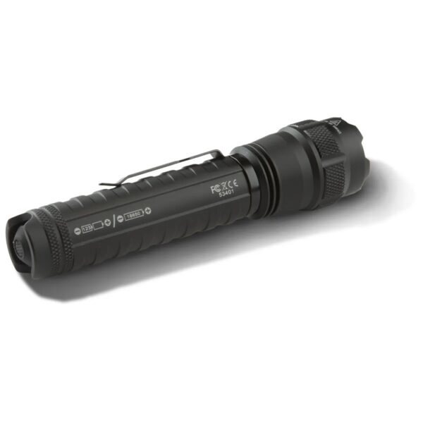 the back of a small black tactical flashlight