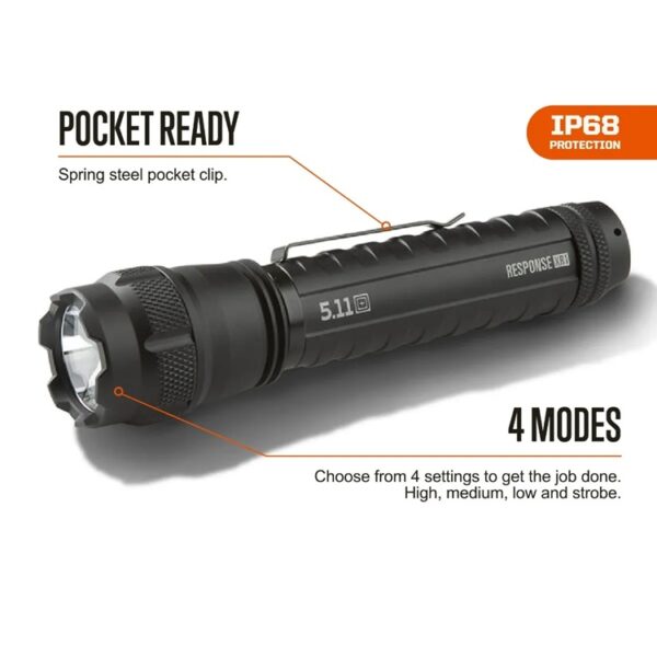 some features of a XR1 black tactical flashlight