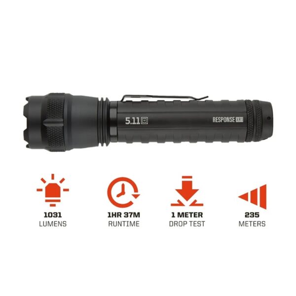 some features of a black tactical flashlight