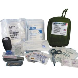 an olive drab first aid bag with contents for treating a gunshot wound