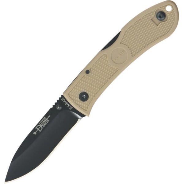 a Ka-Bar folding hunting knife with tan handle and black blade