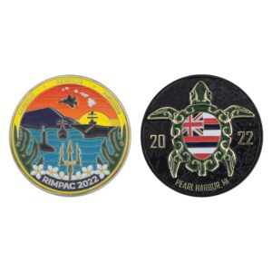 front and back of a military challenge coin commemorating RIMPAC 2022