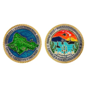 front and back of a Marine Corps Base Hawaii challenge coin commemorating RIMPAC 2022