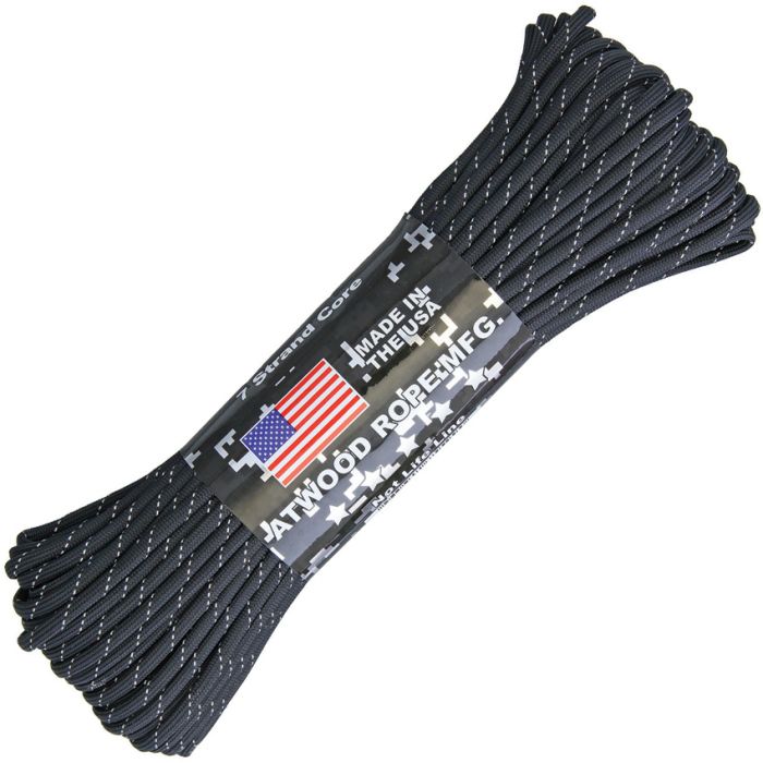 a 100 foot bundle of Atwood Rope reflective black 550 cord