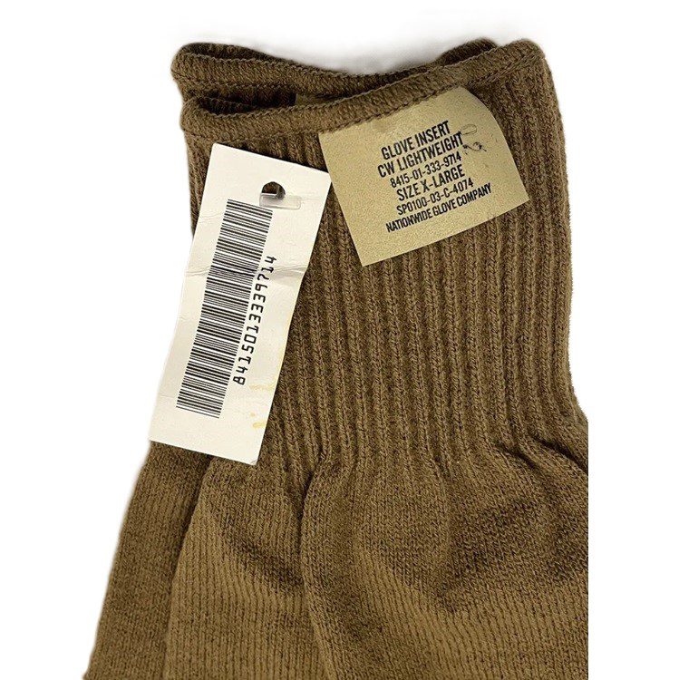 the tags of a lightweight brown cold weather glove liners