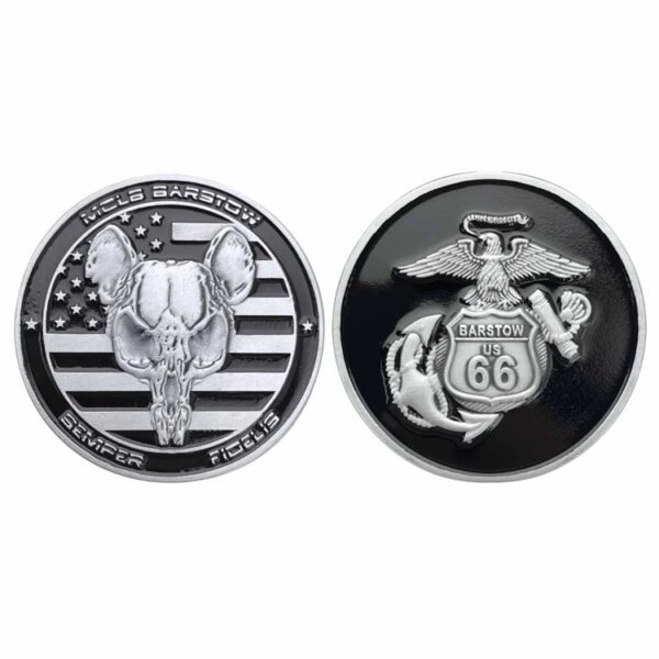 the front and back of a black and silver Marine Corps Base Barstow challenge coin