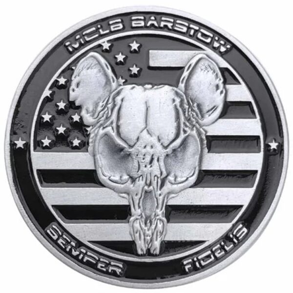 a Marine Corps Base Barstow challenge coin in gray and black with an American flag and a skull