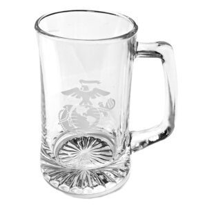 photo of a clear glass beer mug with a Marine Corps EGA logo
