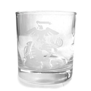 a clear rocks glass with a Marine Corps EGA logo