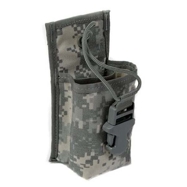 an Army camouflage pattern (UCP) radio pouch; the camo is a combination of sage green and tan