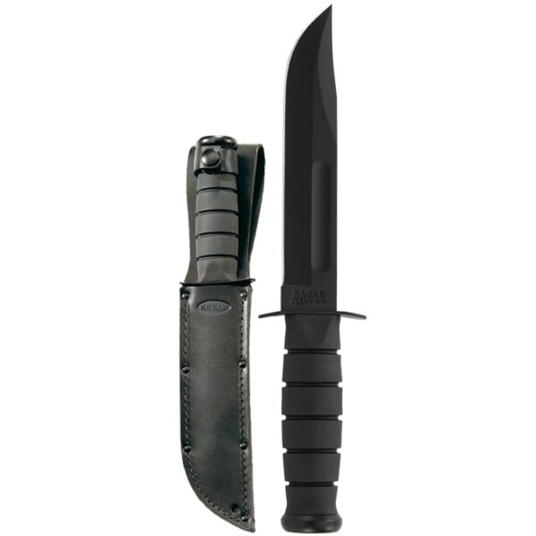 a full size black Ka-Bar knife with a straight edge blade with a leather sheath