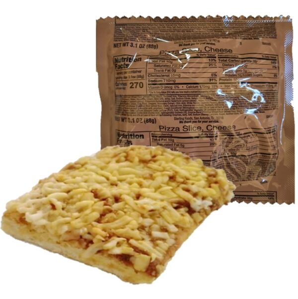 a slice of cheese pizza with its package behind