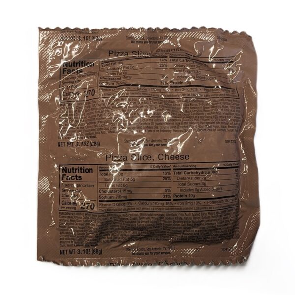 a military MRE package of cheese pizza