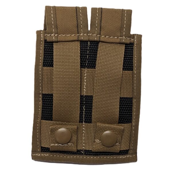 the back of a coyote brown double magazine pouch with MOLLE straps