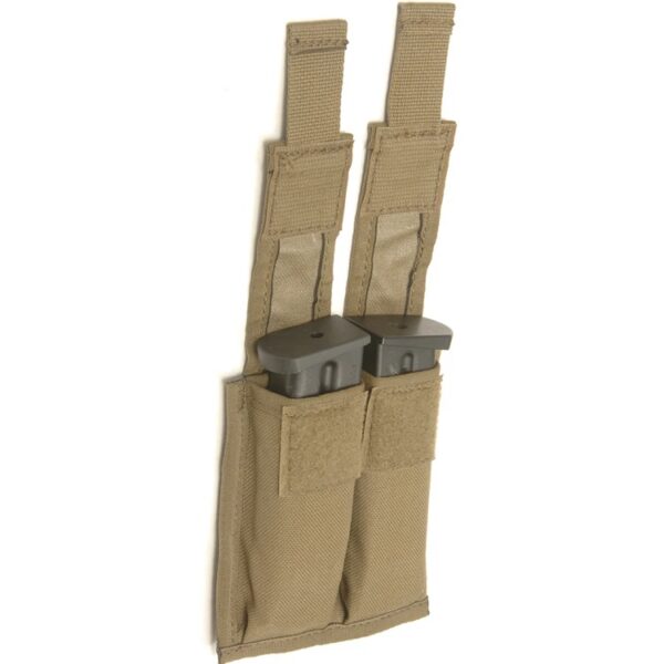 an coyote brown double magazine pouch with two magazines inside