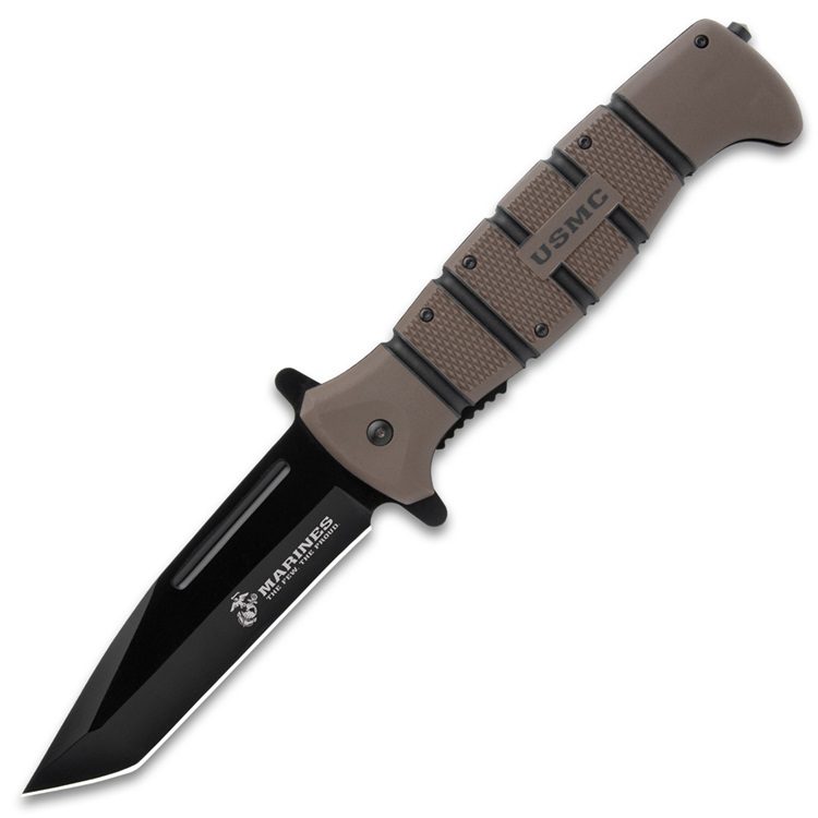 a large US Marine Corps pocket knife with a black blade and coyote brown handle