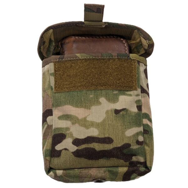 a large MultiCam pouch with a Velcro enclosure. The Pouch is open with a leather wallet inside.