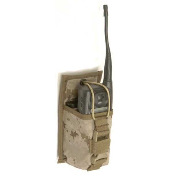 a desert MARPAT Marine Corps pattern universal radio holder with a black two-way radio inside