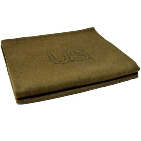 an olive drab military wool blanket embroidered with US