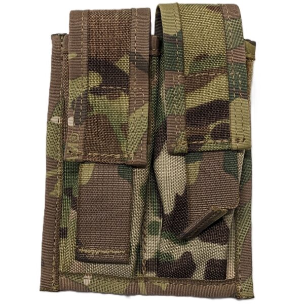 an Army pattern MultiCam double magazine pouch with quick release tabs