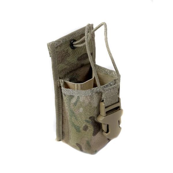 an Army camouflage pattern (Multicam) radio pouch; the camo is a combination of olive green, tan, and brown