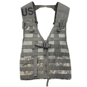 a sage green and tan US Army load carrier vest