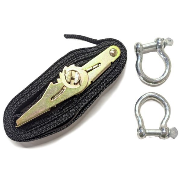 a ratchet tie down with black strap and anchor shackles