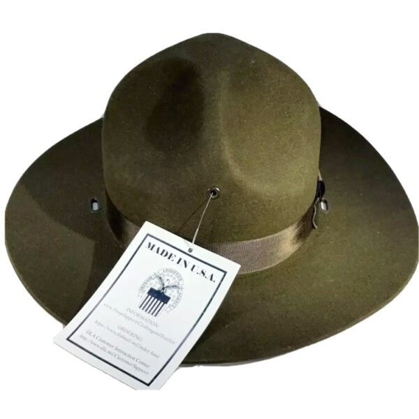 a green Marine Corps drill instructor hat with a tag