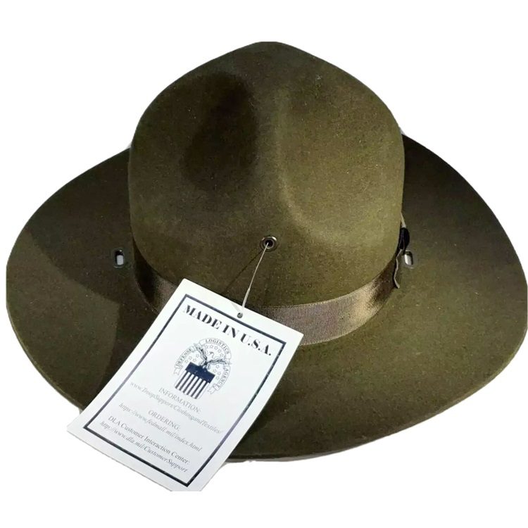 a green Marine Corps drill instructor hat with a tag